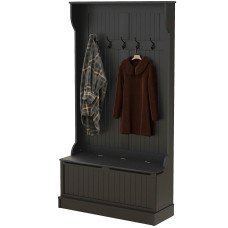 4-In-1 Hall Tree with Coat Rack, Top Shelf, Shoe Storage and Bench Seat, Entryway Bench with 5 Hooks, Black