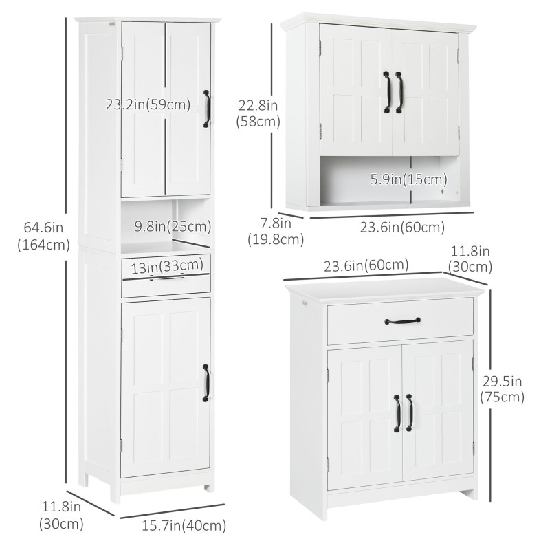 3-Piece Bathroom Furniture Set, Modern Bathroom Storage Cabinet with Drawers and Shelves, Tall and Small Floor Cabinets, Wall-mounted Medicine Cabinet, White