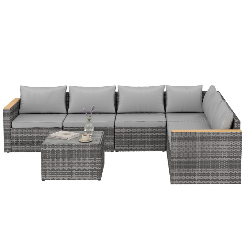 7 Piece Patio Furniture Set, L-Shaped Wicker Outdoor Sectional Sofa with Faux Wood Coffee Table, Cushions, Light Grey