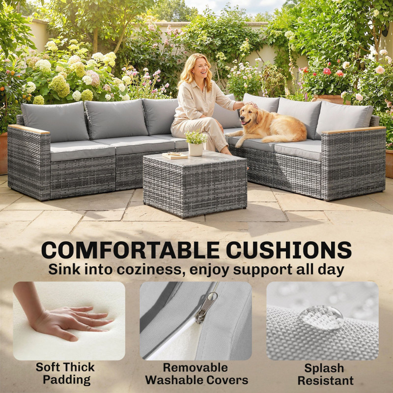 7 Piece Patio Furniture Set, L-Shaped Wicker Outdoor Sectional Sofa with Faux Wood Coffee Table, Cushions, Light Grey