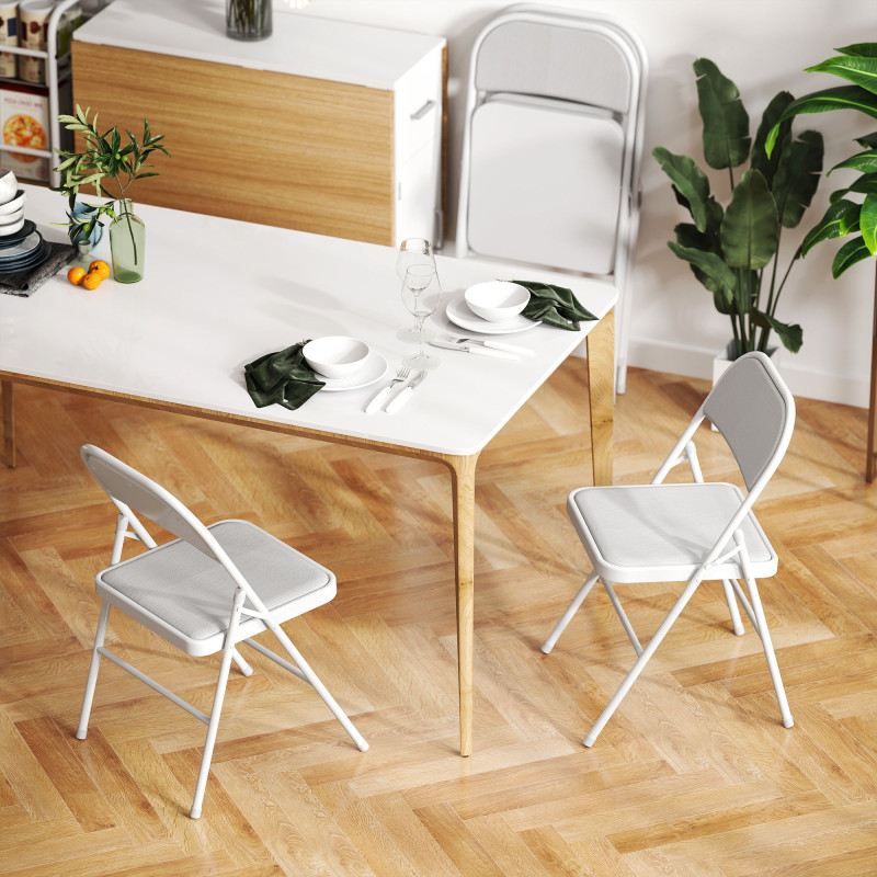 Set of 4 Metal Foldable Chairs, Corduroy Padded Folding Chairs with Cushion Seat and Open Back for Indoor, White
