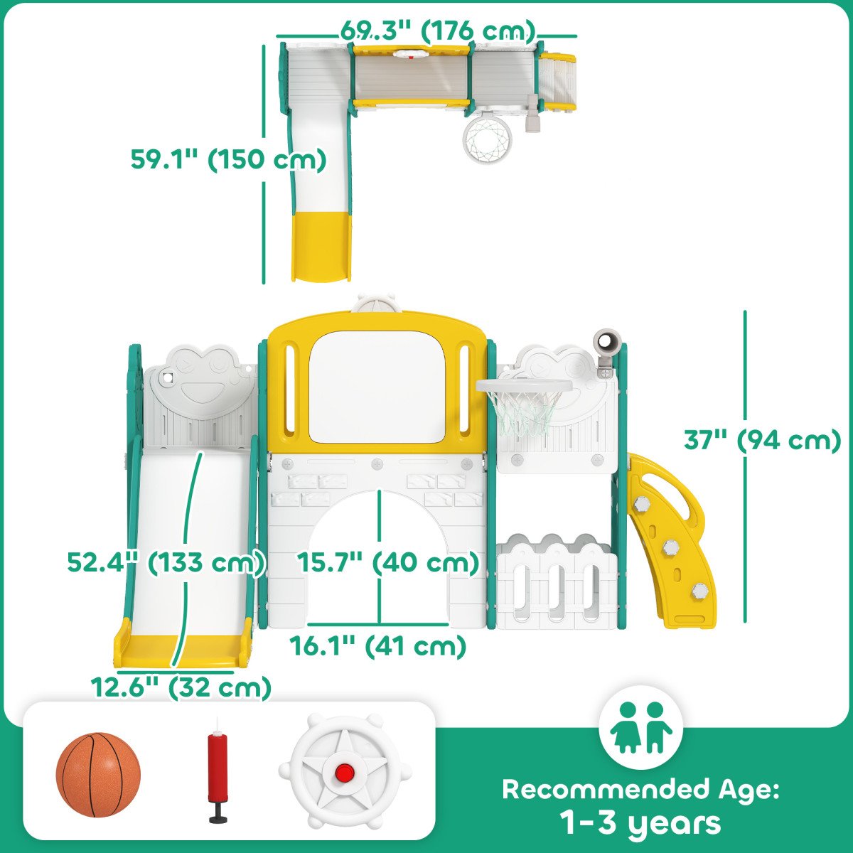 Qaba 7 in 1 Toddler Slide with Basketball Hoop, Climbing Frame, Telescope, Drawing Board, Storage Box for Ages 1-3, Yellow