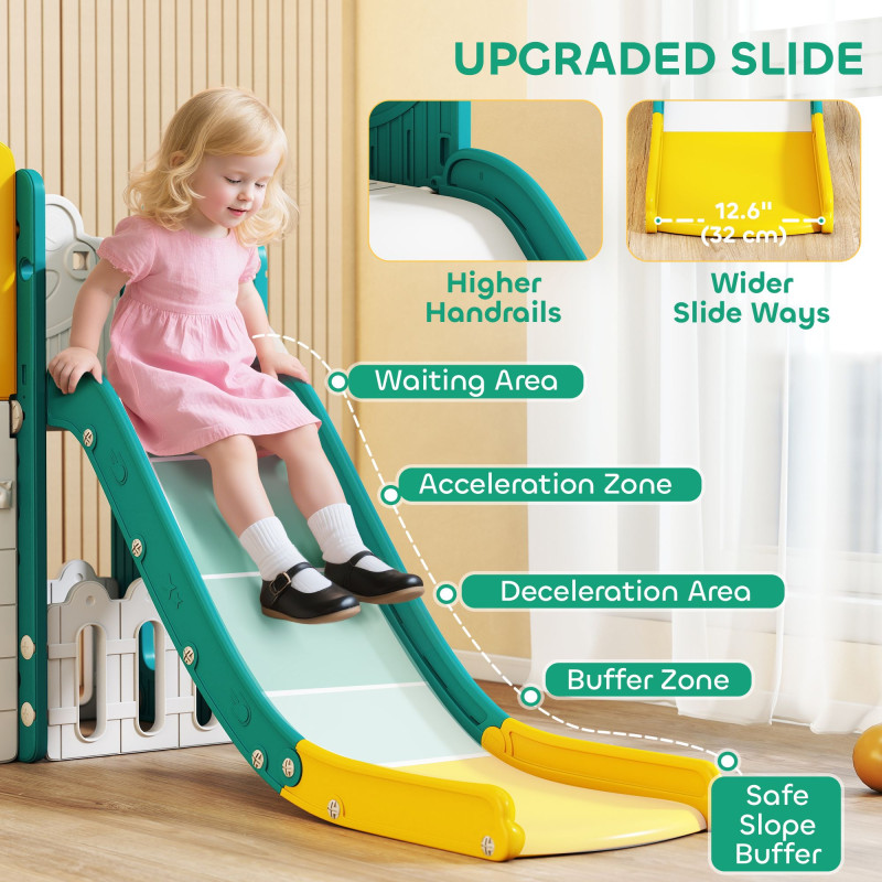 Qaba 7 in 1 Toddler Slide with Basketball Hoop, Climbing Frame, Telescope, Drawing Board, Storage Box for Ages 1-3, Yellow
