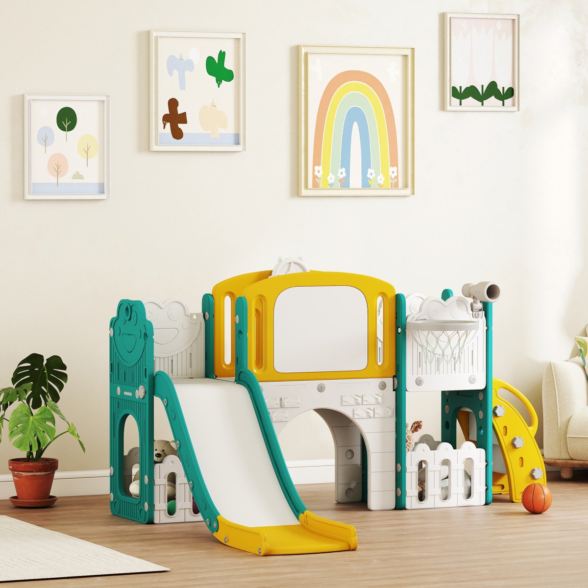 Qaba 7 in 1 Toddler Slide with Basketball Hoop, Climbing Frame, Telescope, Drawing Board, Storage Box for Ages 1-3, Yellow