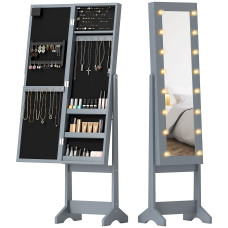 Free Standing Armoire Organizer, Lighted Mirrored Jewelry Cabinet w/ Angle Adjustable & 16 LED Lights, Grey