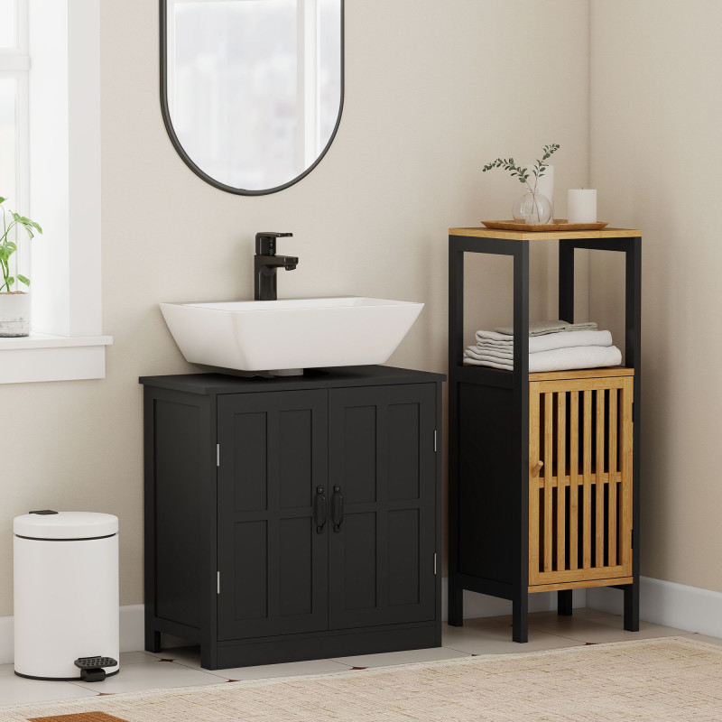 edestal Under Sink Cabinet, Bathroom Vanity Cabinet Storage with Double Doors and Adjustable Shelf, Black