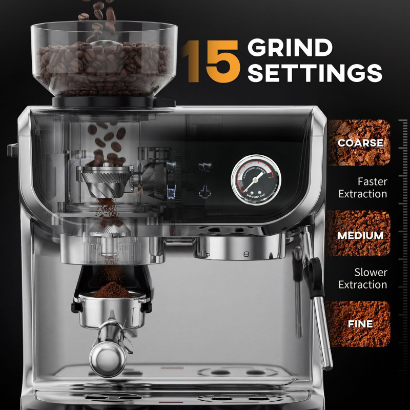 15 Bar Coffee Maker Espresso Machine with Grinder Milk Frother Stainless Steel Espresso Maker for Cappuccino Latte Black
