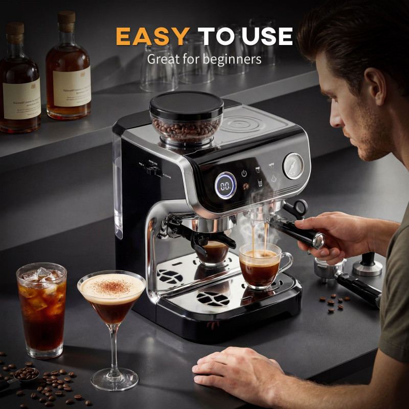 15 Bar Coffee Maker Espresso Machine with Grinder Milk Frother Stainless Steel Espresso Maker for Cappuccino Latte Black