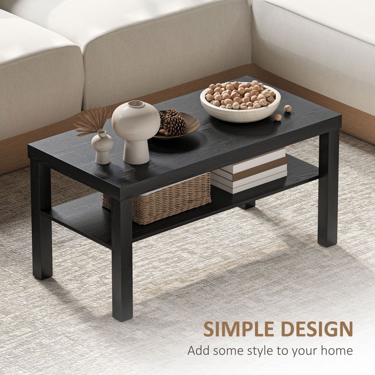 2 Tier Coffee Table, Rectangular Center Table with Storage Shelf for Living Room, Home Office, Black