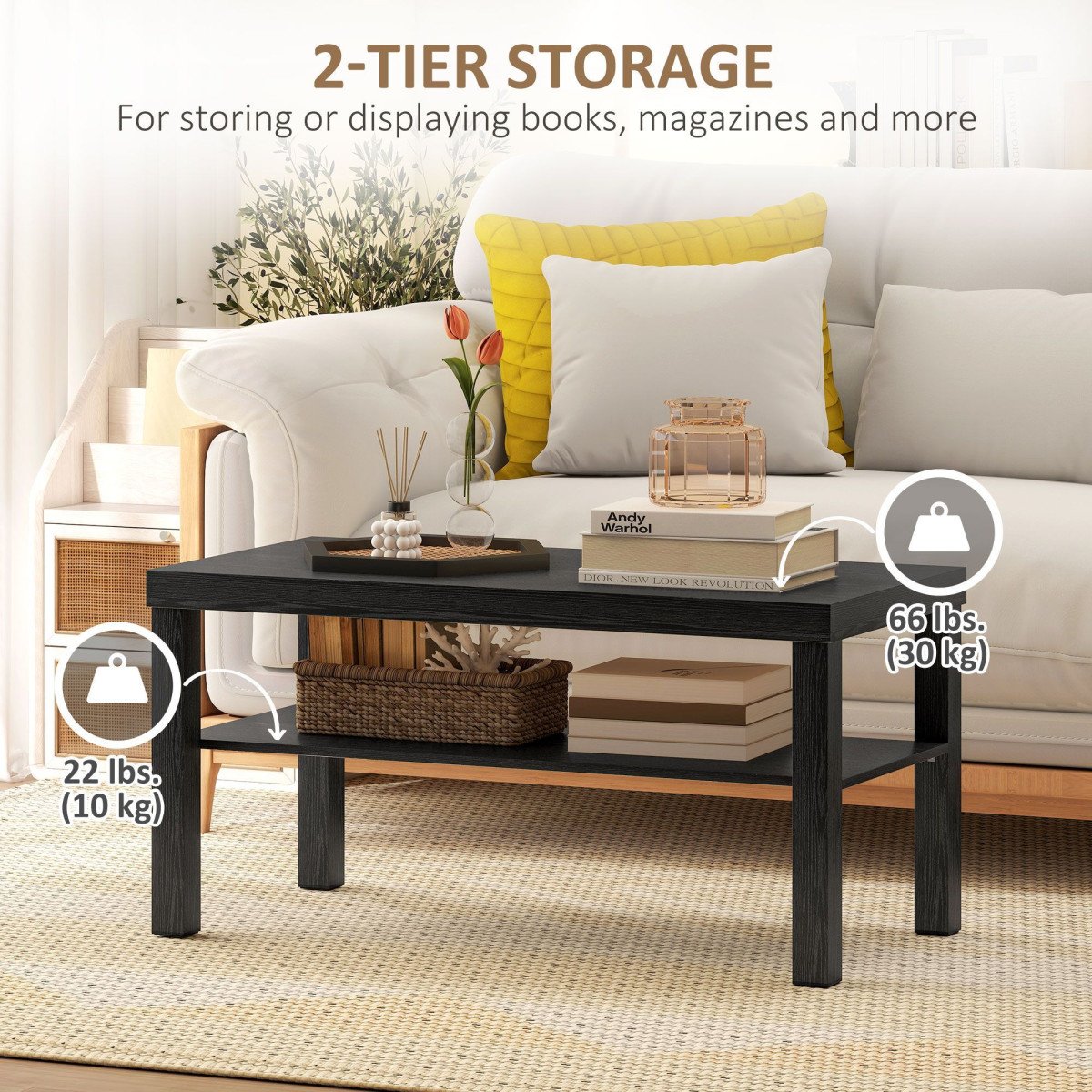 2 Tier Coffee Table, Rectangular Center Table with Storage Shelf for Living Room, Home Office, Black