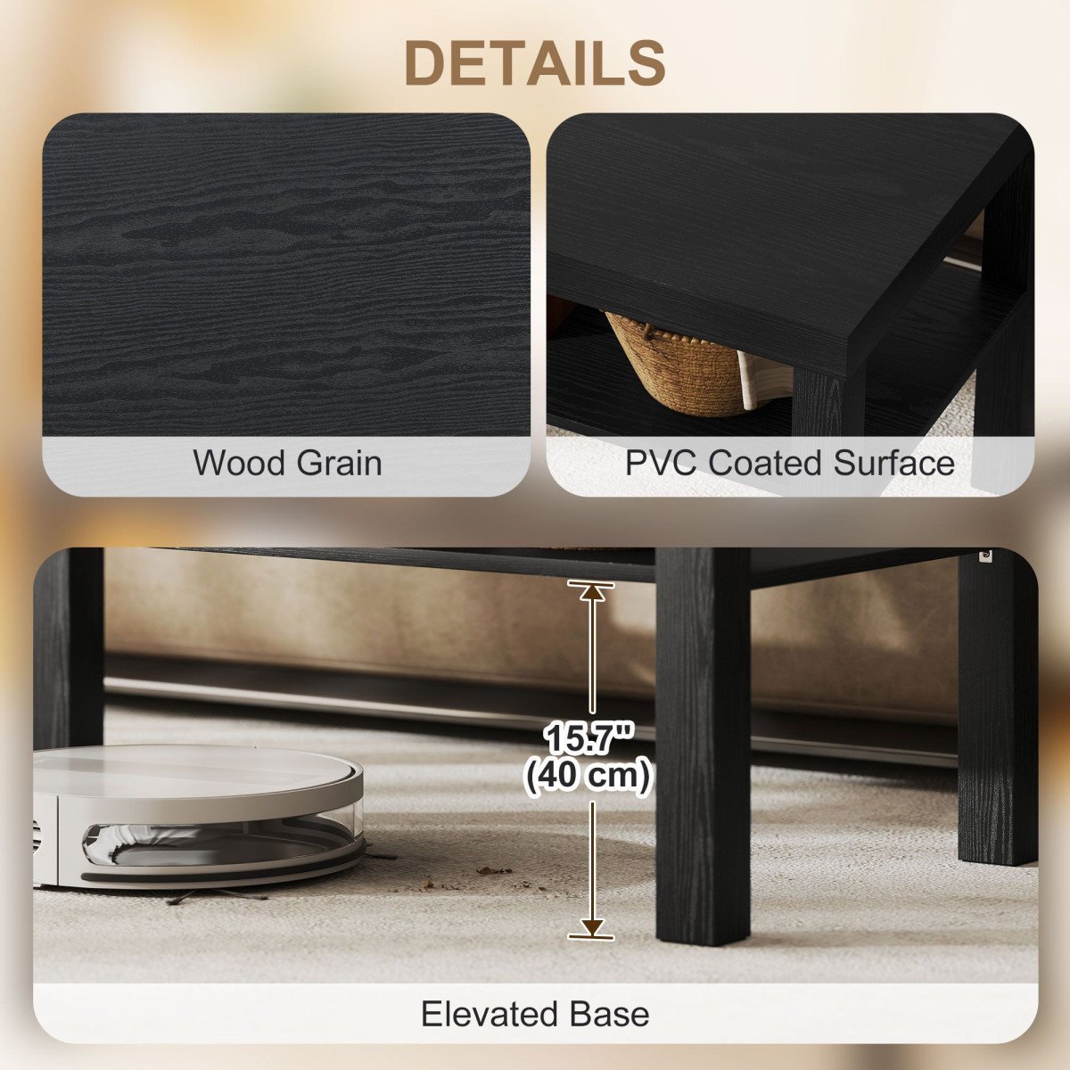 2 Tier Coffee Table, Rectangular Center Table with Storage Shelf for Living Room, Home Office, Black