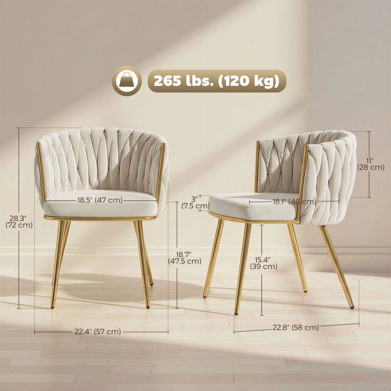 Modern Dining Chairs Set of 2, Velvet-Feel Upholstered Kitchen Chairs with Woven Backrest and Metal Legs, Cream White