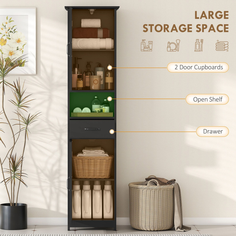 Modern Bathroom Cabinet, Narrow Bathroom Vanities with Open Shelf Drawer Recessed Doors and Adjustable Shelves Black