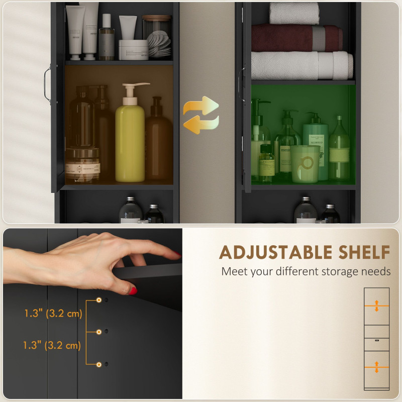 Modern Bathroom Cabinet, Narrow Bathroom Vanities with Open Shelf Drawer Recessed Doors and Adjustable Shelves Black