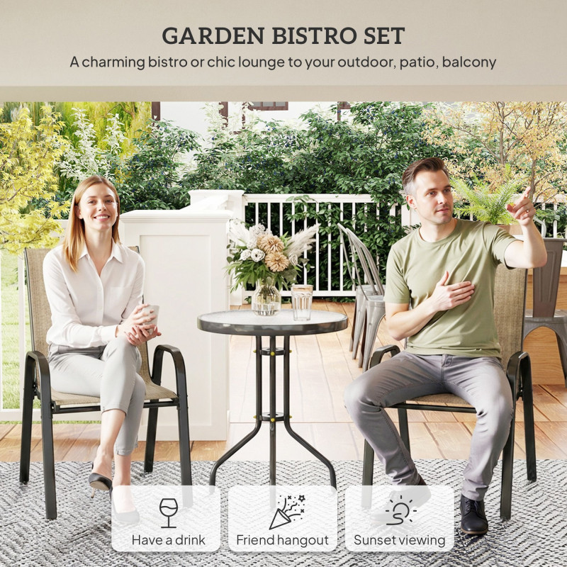 3 Pieces Bistro Set, Small Patio Furniture Set with Stackable Mesh Chairs, Glass Table for Garden, Light Mixed Brown