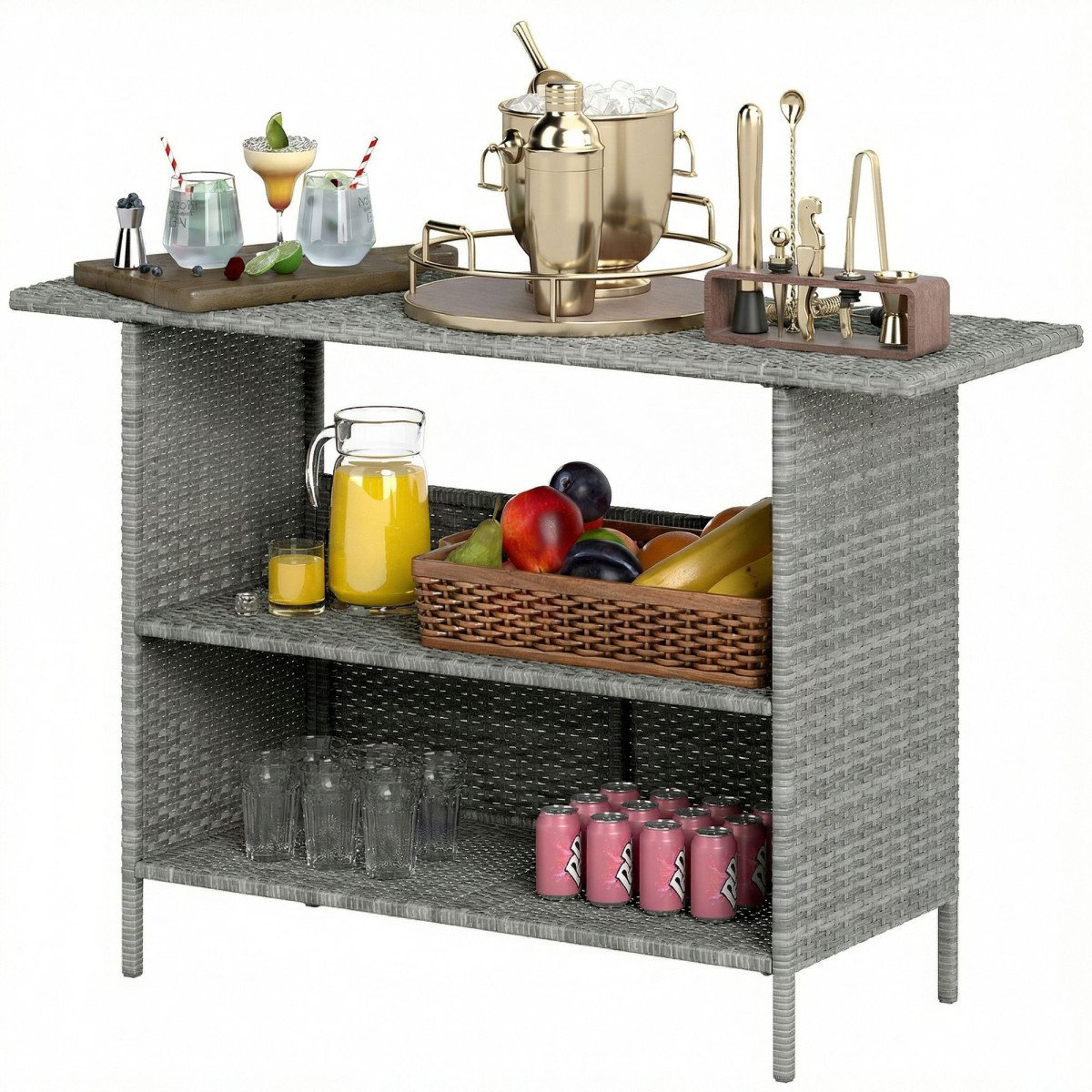 Wicker Outdoor Bar Table, PE Rattan Bar Height Patio Table with 2 Shelves, Steel Frame for Garden, Backyard, Dark Grey