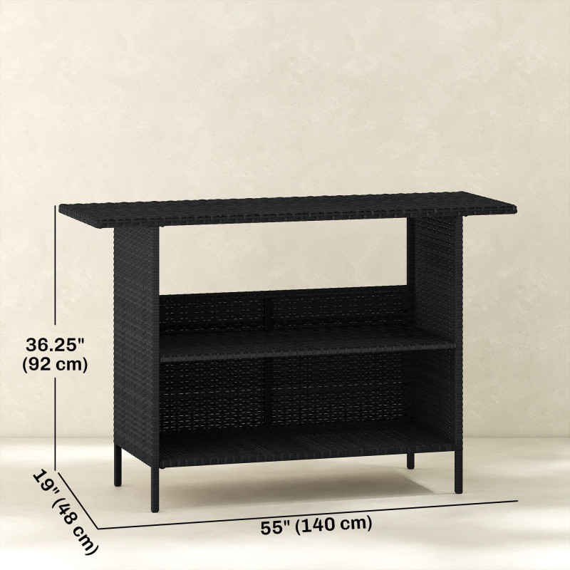 Wicker Outdoor Bar Table, PE Rattan Bar Height Patio Table with 2 Shelves, Steel Frame for Garden, Backyard, Black