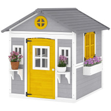 Wooden Playhouse for Kids Outdoor with Door, Windows, Planter Pots and Boxes for Toddlers 3-8 Years, Grey