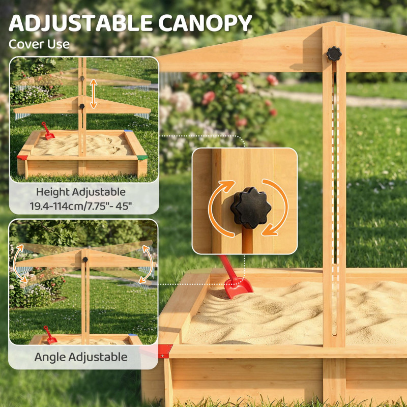 Wooden Sandbox with Cover, Kids Sandbox Outdoor with Adjustable Canopy and Seats for Backyard, Beach, Light Brown