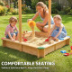 Wooden Sandbox with Cover, Kids Sandbox Outdoor with Adjustable Canopy and Seats for Backyard, Beach, Light Brown