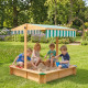 Wooden Sandbox with Cover, Kids Sandbox Outdoor with Adjustable Canopy and Seats for Backyard, Beach, Light Brown