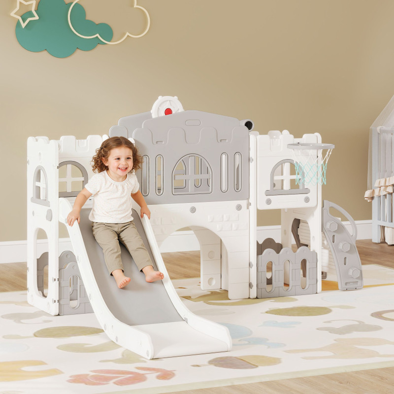 Qaba 9 in 1 Toddler Slide with Basketball Hoop, Climber, Telescope, Tunnel, Steering Wheel, for 1-3 Years, Grey