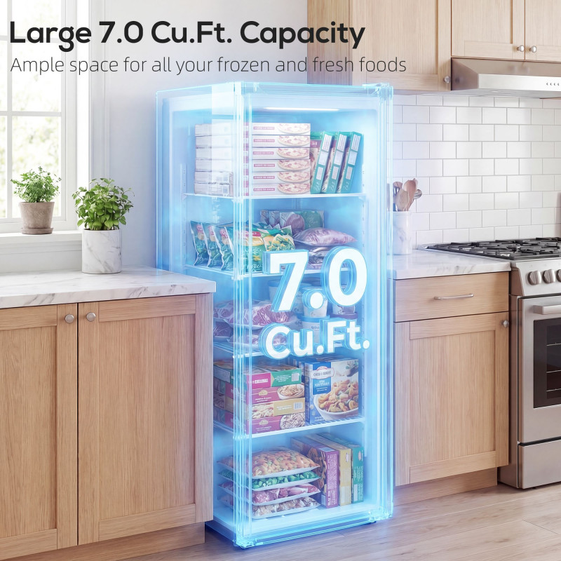 7.0 Cu.Ft Upright Freezer, Compact Stand Up Freezer with 6 Adjustable Shelves, Reversible Door for Home Office, Black