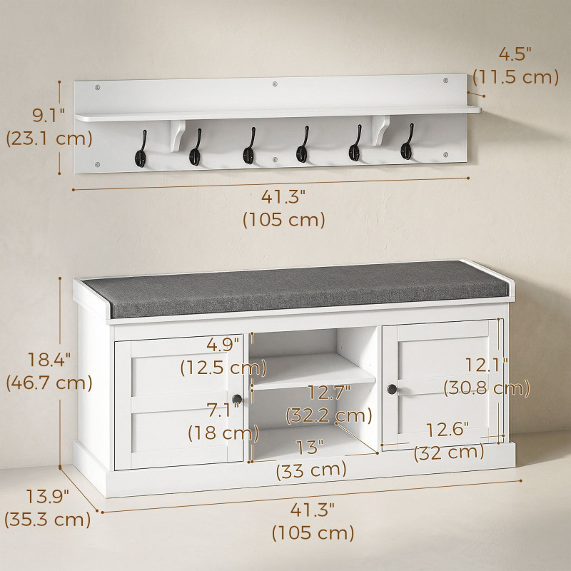 2 in 1 Coat Rack Shoe Bench Set with 6 Hooks and Shoe Storage Bench, White and Grey