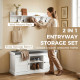 2 in 1 Coat Rack Shoe Bench Set with 6 Hooks and Shoe Storage Bench, White and Grey