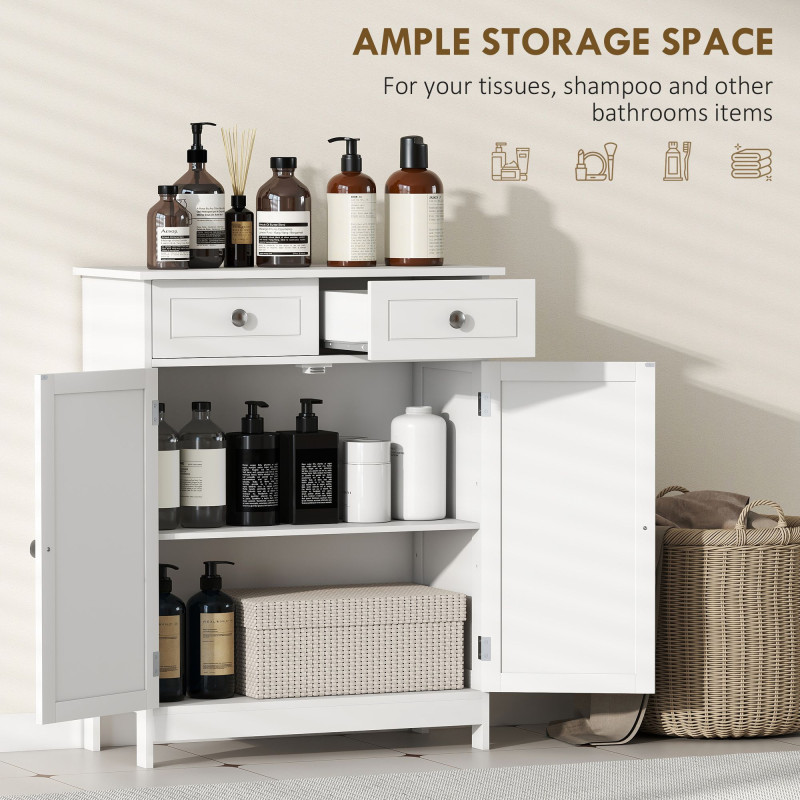 Freestanding Bathroom Floor Cabinet, Organizer Floor Tower with 2 Door, 2 Drawers, Adjustable Shelf, White