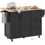 Kitchen Island with Drop Leaf, Rolling Kitchen Cart with Power Outlet, Cabinet, 3 Drawers, Spice Rack, Towel Bar, Black