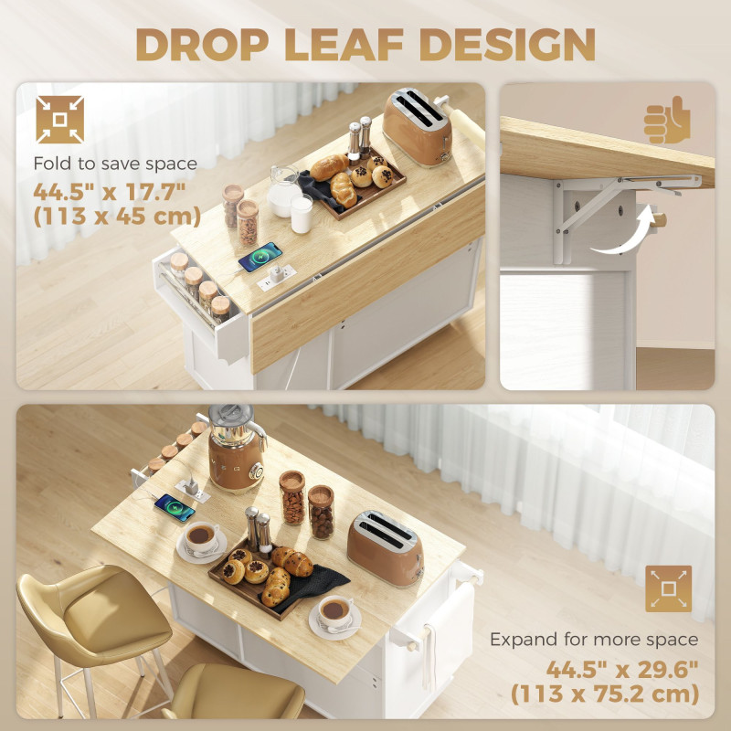 Kitchen Island with Drop Leaf, Rolling Kitchen Cart with Power Outlet, Cabinet, 3 Drawers, Spice Rack, Towel Bar, White
