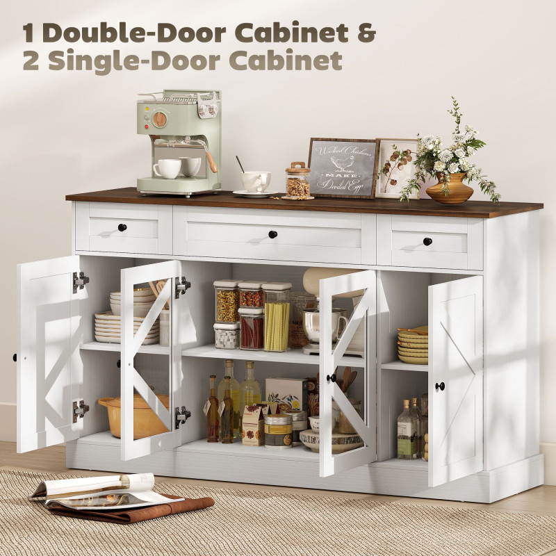 Sideboard Buffet Cabinet, 54" Farmhouse Kitchen Storage Cabinet with Acrylic Barn Doors and 3 Drawers, White Wood Grain