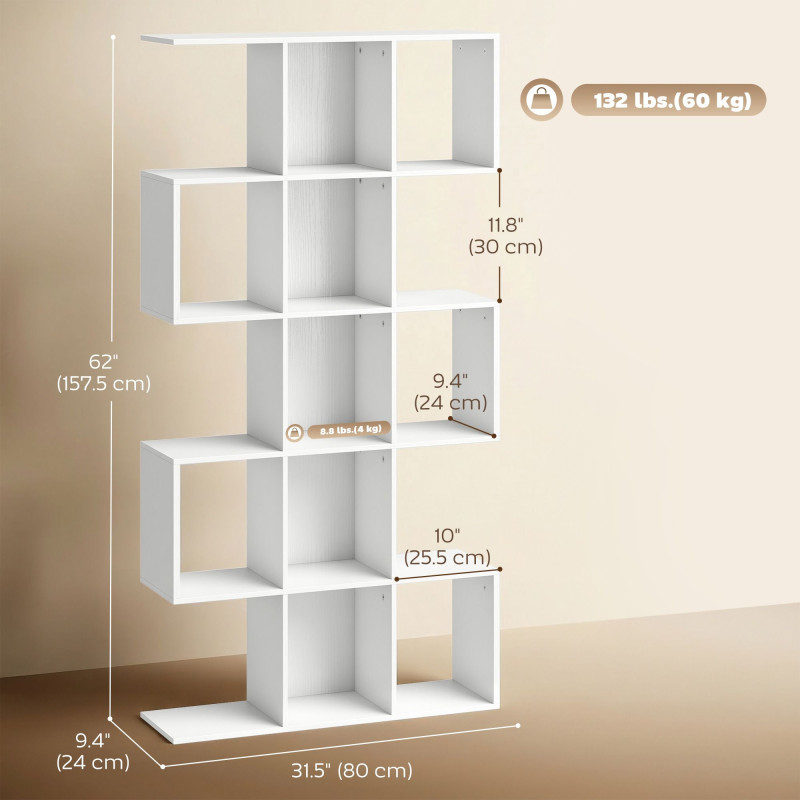 5-Tier Bookshelf, S Shaped Geometric Bookcase with 15 Compartments, White Wood Grain