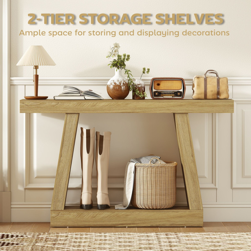 55" Farmhouse Console Table, 2-Tier Entryway Table with Storage for Hallway, Living Room, Behind Couch, Oak