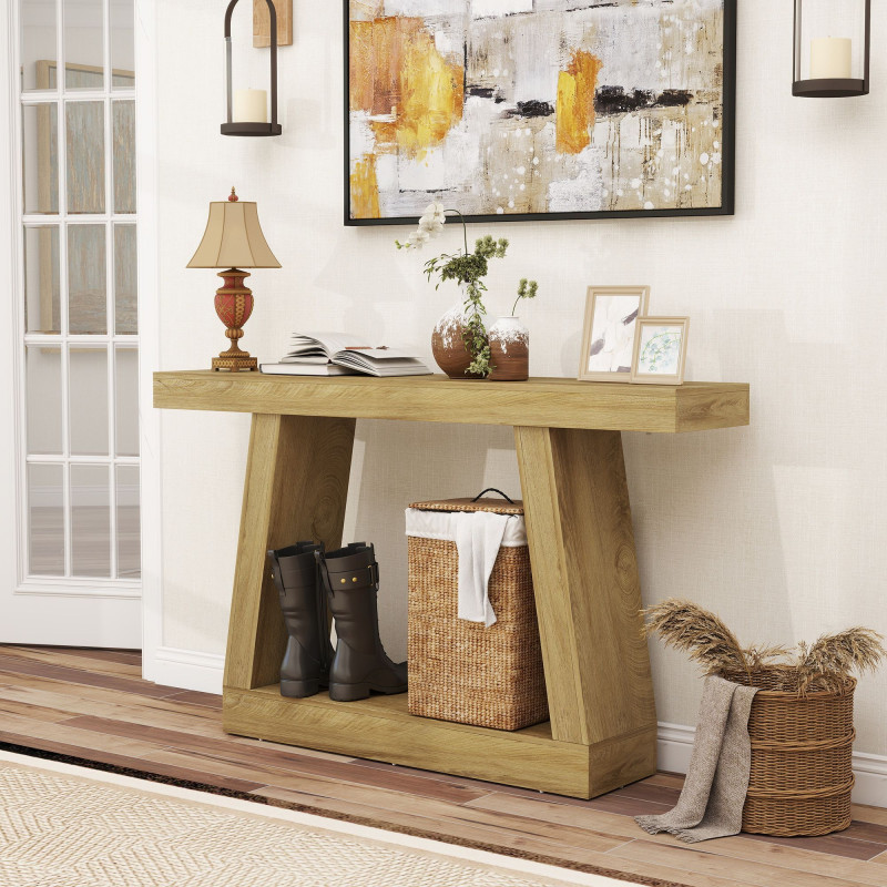55" Farmhouse Console Table, 2-Tier Entryway Table with Storage for Hallway, Living Room, Behind Couch, Oak