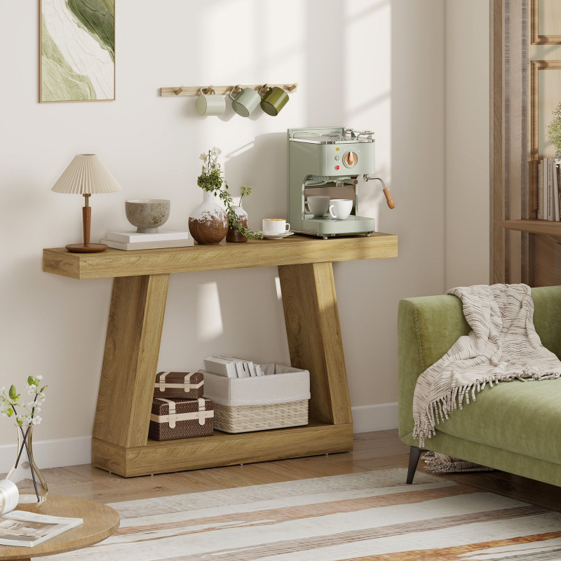 55" Farmhouse Console Table, 2-Tier Entryway Table with Storage for Hallway, Living Room, Behind Couch, Oak