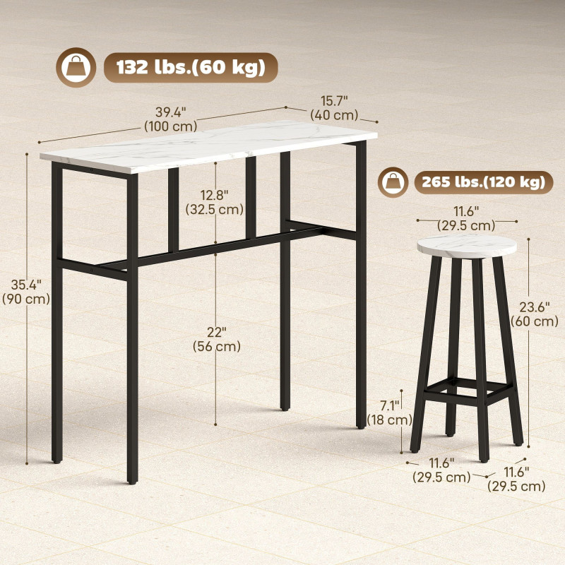 Bar Table Set of 6, Bar Table and Stools for 4, 2 Breakfast Tables and 4 Stools for Living Room, White Marble