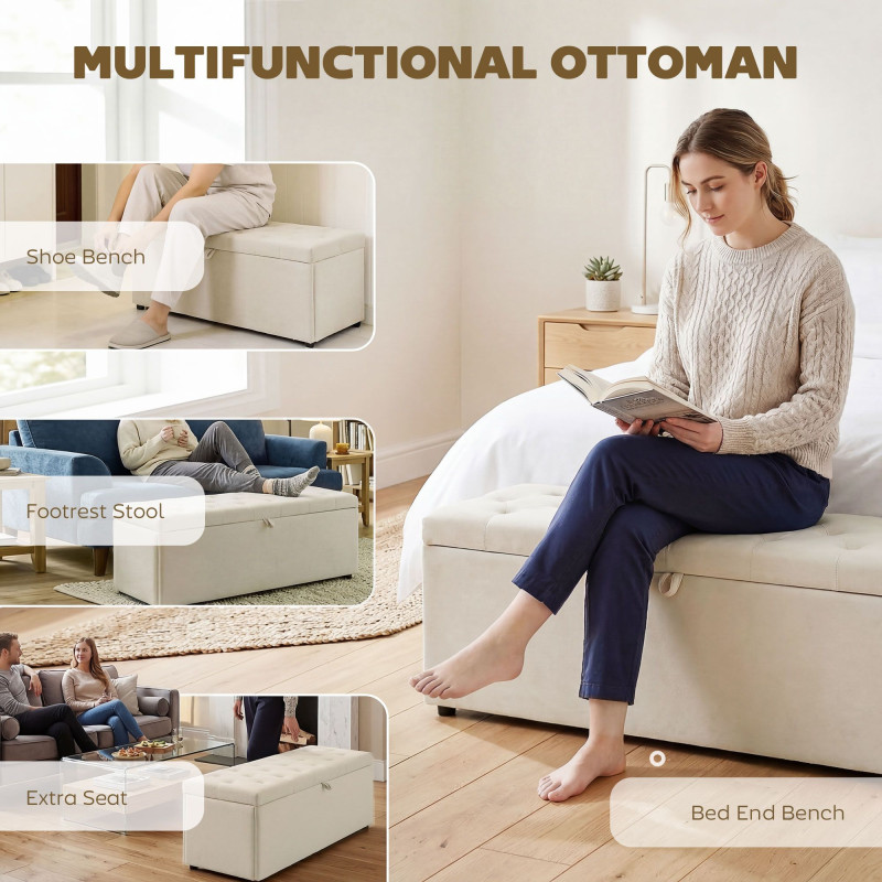 Storage Ottoman, Upholstered Velvet End of Bed Bench, Button Tufted Storage Bench for Bedroom, Living Room, Beige