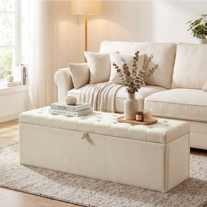 Storage Ottoman, Upholstered Velvet End of Bed Bench, Button Tufted Storage Bench for Bedroom, Living Room, Beige