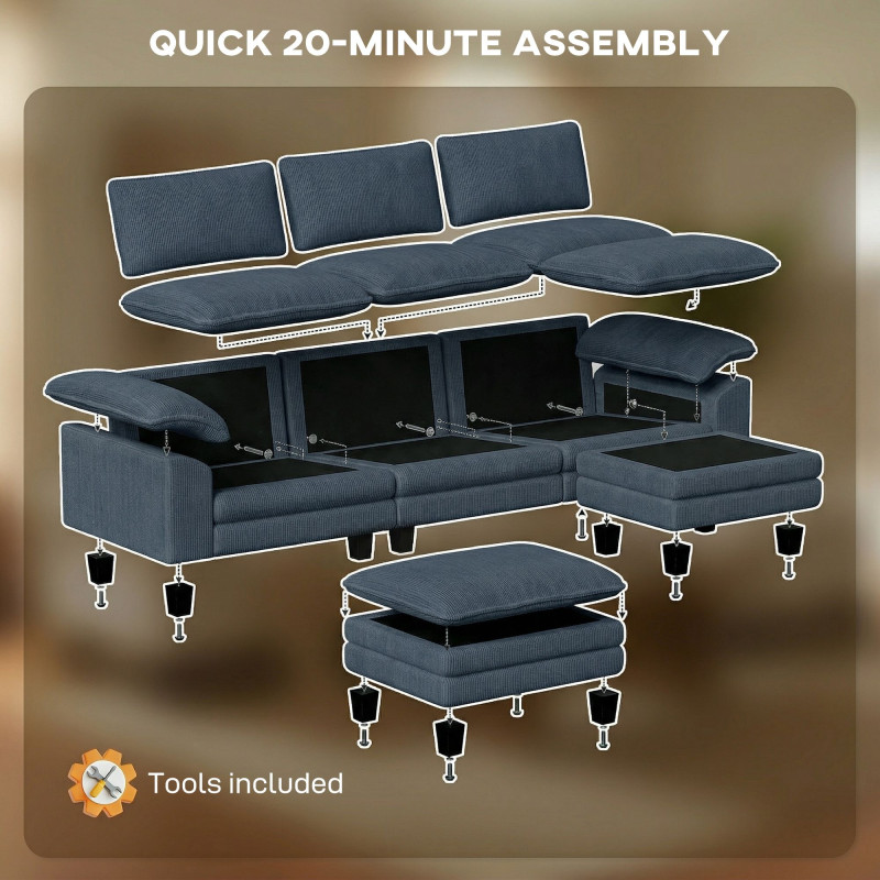 Sectional Sofa, L Shaped Couch with Deep Seat, Movable Ottoman and Pillow-top Armrests, Blue