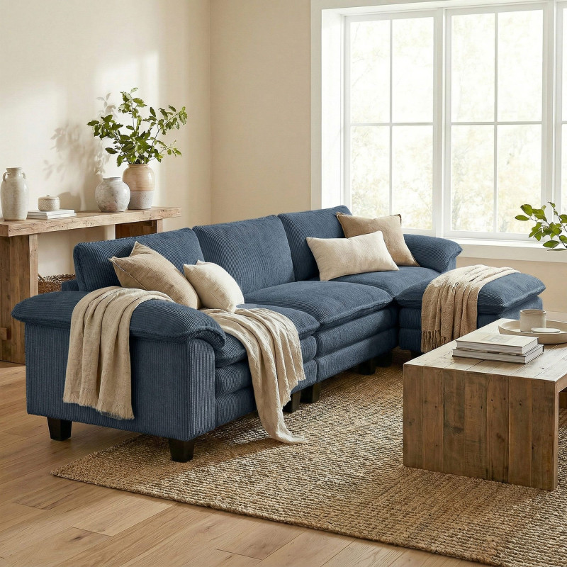 Sectional Sofa, L Shaped Couch with Deep Seat, Movable Ottoman and Pillow-top Armrests, Blue