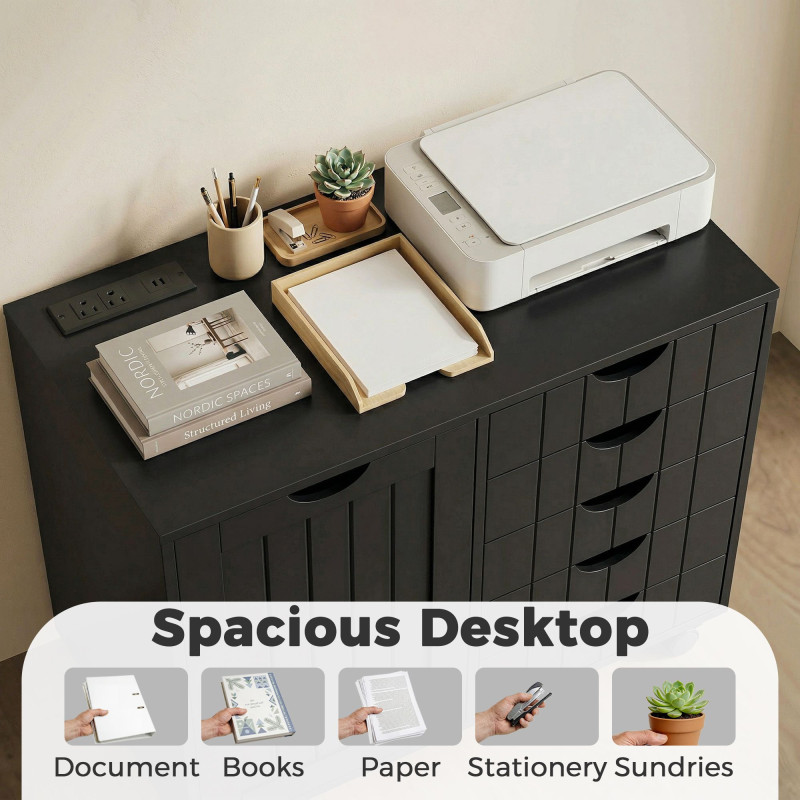 Mobile Lateral Filing Cabinet with 5 Drawers, Printer Stand with Power Outlets and USB Ports for Home Office, Black