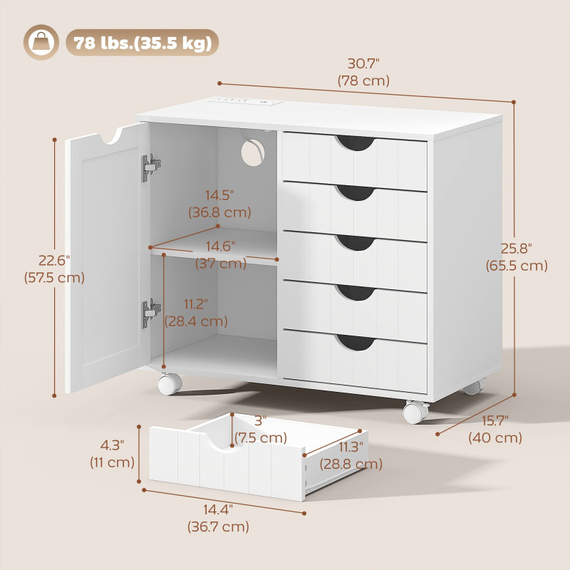 Mobile Lateral Filing Cabinet with 5 Drawers, Printer Stand with Power Outlets and USB Ports for Home Office, White