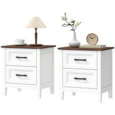 Farmhouse Nightstand Set of 2, Bedside Tables with 2 Drawers, Wood-Effect Top, White