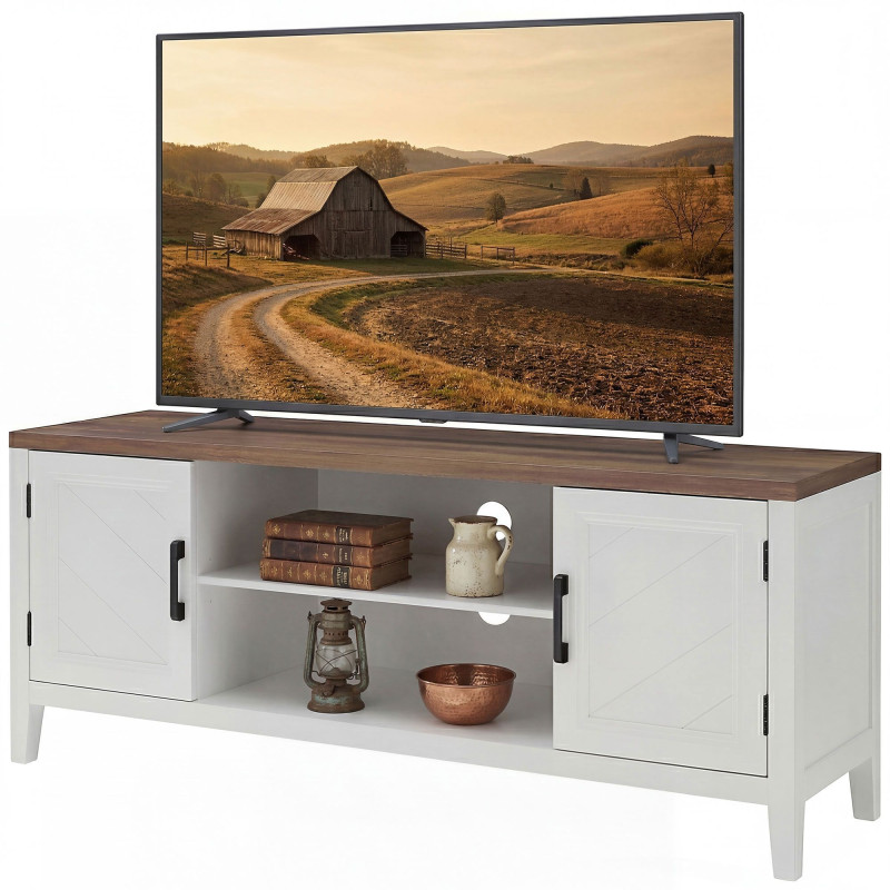 TV Stand for TVs up to 55 Inch, Entertainment Center with 2 Open Shelves, 2 Cabinets, Thick Top, White and Brown