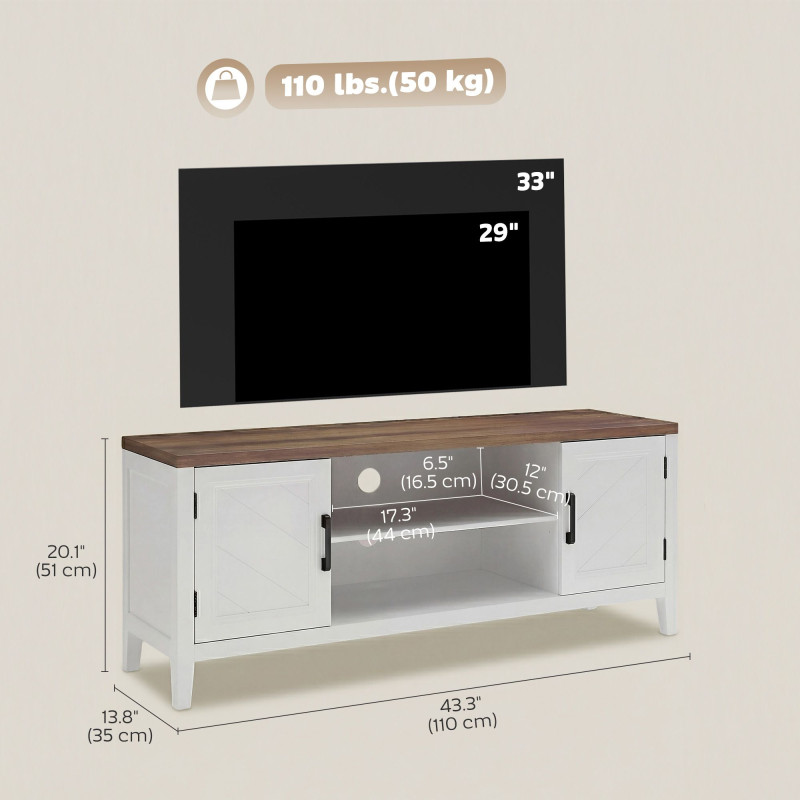 TV Stand for TVs up to 55 Inch, Entertainment Center with 2 Open Shelves, 2 Cabinets, Thick Top, White and Brown