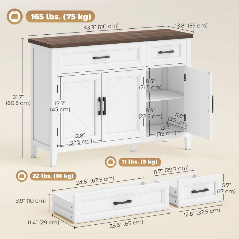 Sideboard Buffet Cabinet, 44" Farmhouse Kitchen Cabinet with 3 Chevron Doors, 2 Drawers and 2 Adjustable Shelves, White