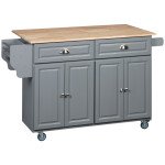 Kitchen Island with Storage, Rolling Kitchen Island with Drop Leaf, Rubber Wood Top and Adjustable Shelves, Grey