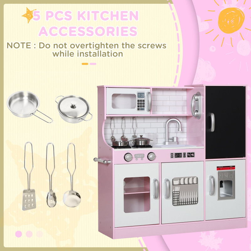 Qaba Play Kitchen for Kids, Kids Kitchen Playset w/ Chalkboard, Ice Maker, Play Phone, Sink, Microwave